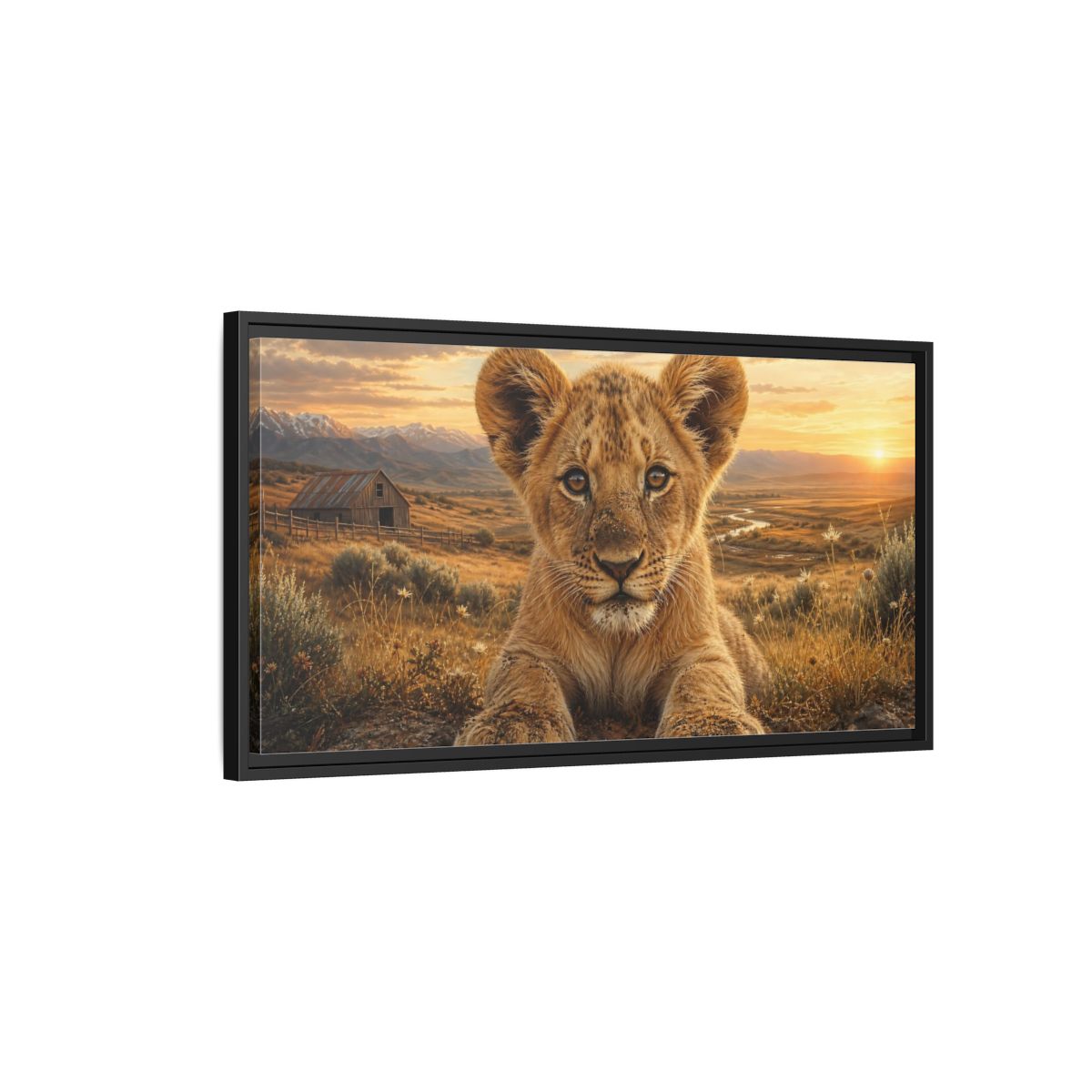 Side Mockup 2. Animals Lion Cub Golden Lion Cub shown as stretched canvas wall art