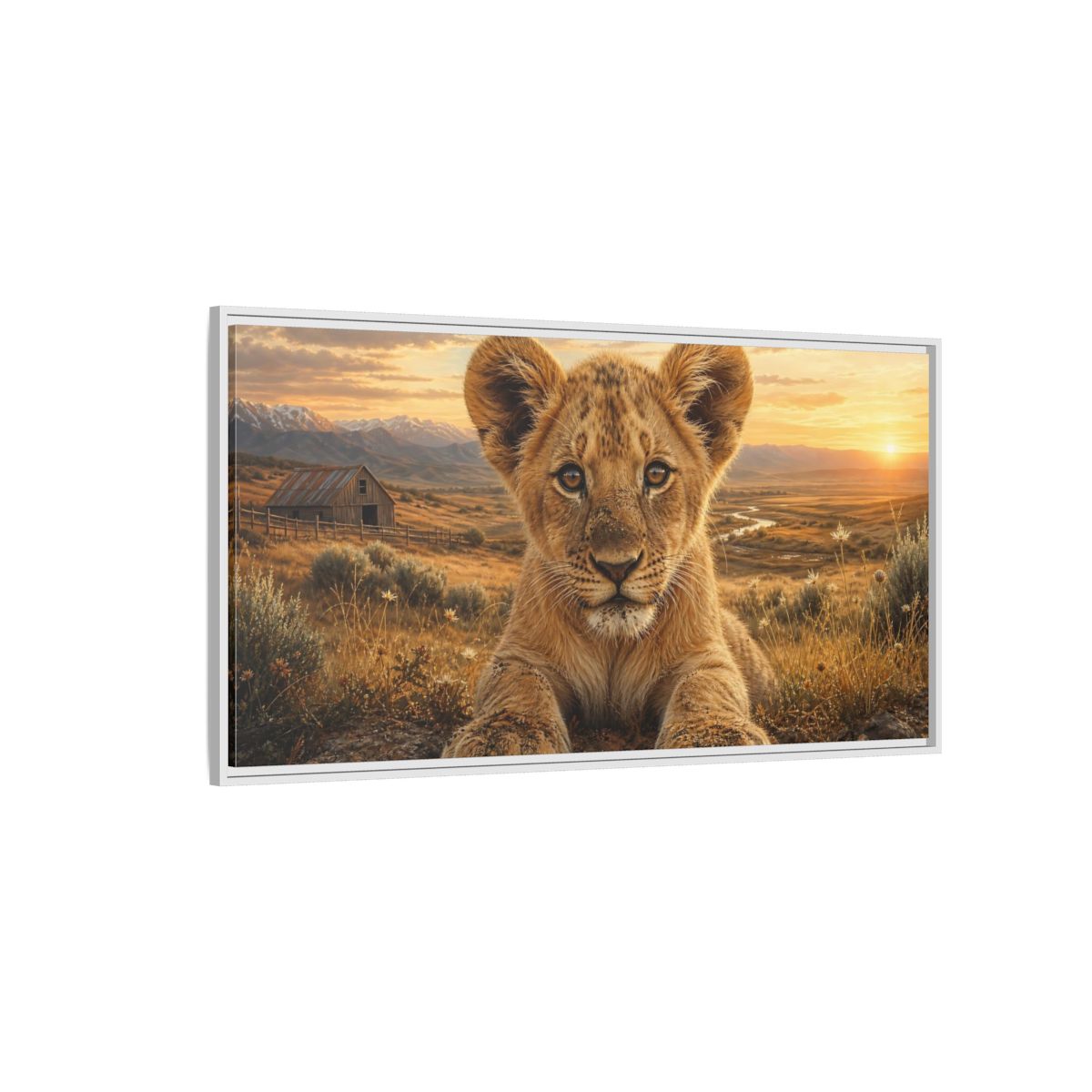 Side Mockup 3. Animals Lion Cub Golden Lion Cub shown as stretched canvas wall art