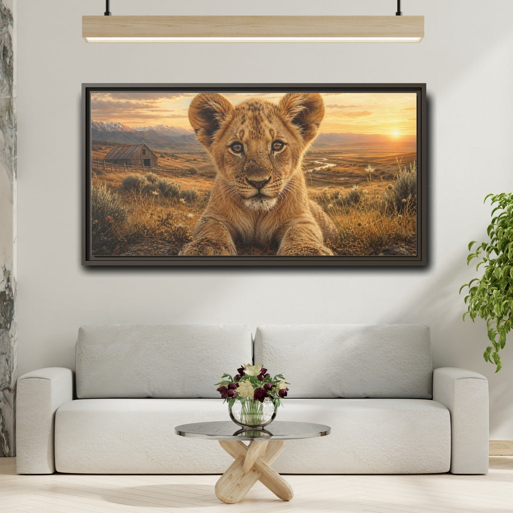 Mockup 2. Animals Lion Cub Golden Lion Cub shown as stretched canvas wall art