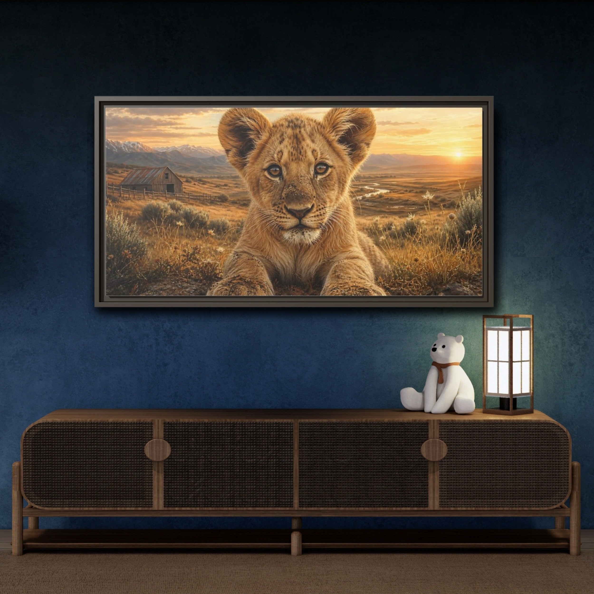 Mockup 4. Animals Lion Cub Golden Lion Cub shown as stretched canvas wall art