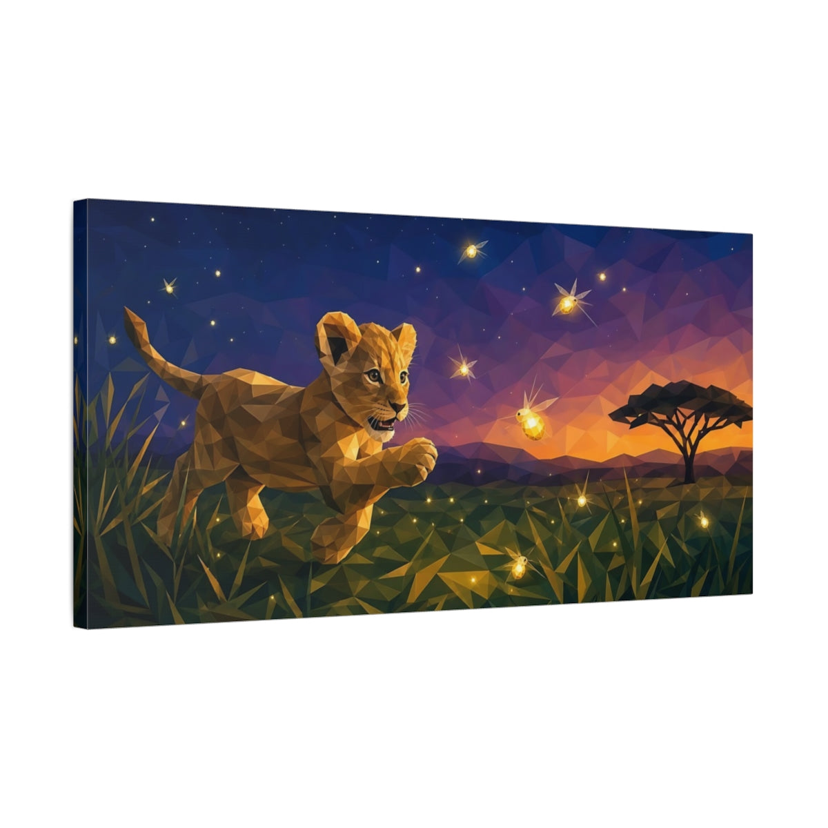 Side Mockup 1. Animals Lion Cub Polygonal Lion shown as stretched canvas wall art