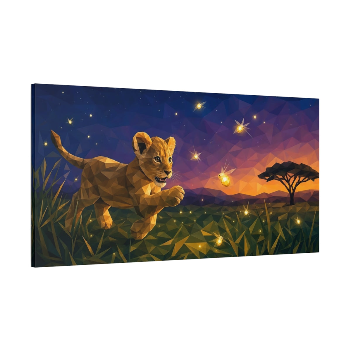 Side Mockup 2. Animals Lion Cub Polygonal Lion shown as stretched canvas wall art