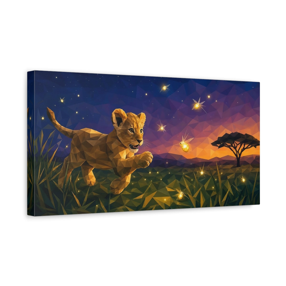 Side Mockup 3. Animals Lion Cub Polygonal Lion shown as stretched canvas wall art