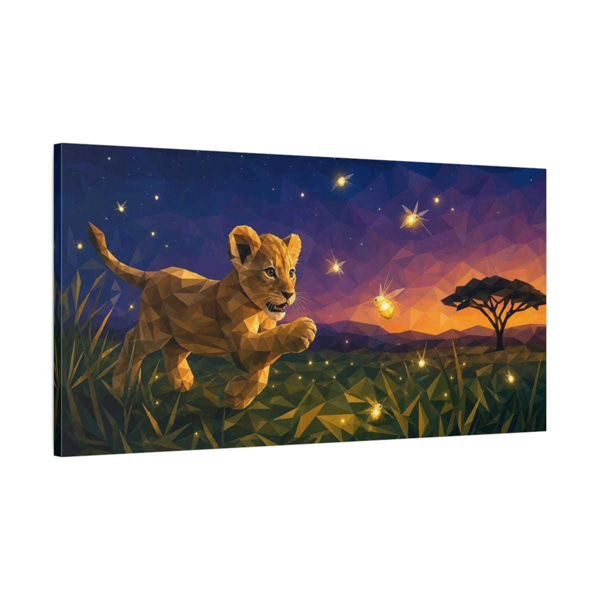 Main Mockup. Animals Lion Cub Polygonal Lion shown as stretched canvas wall art