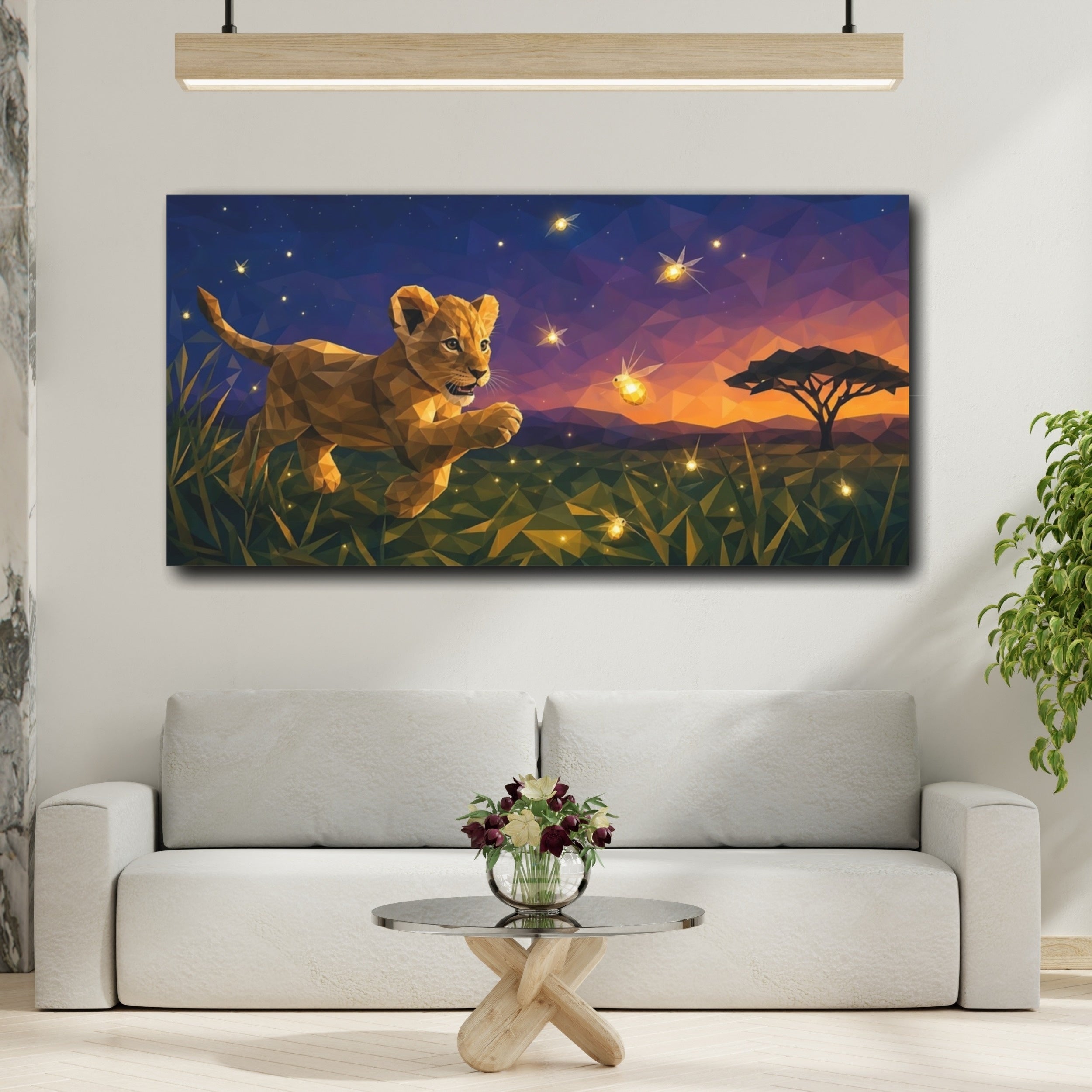 Mockup 2. Animals Lion Cub Polygonal Lion shown as stretched canvas wall art