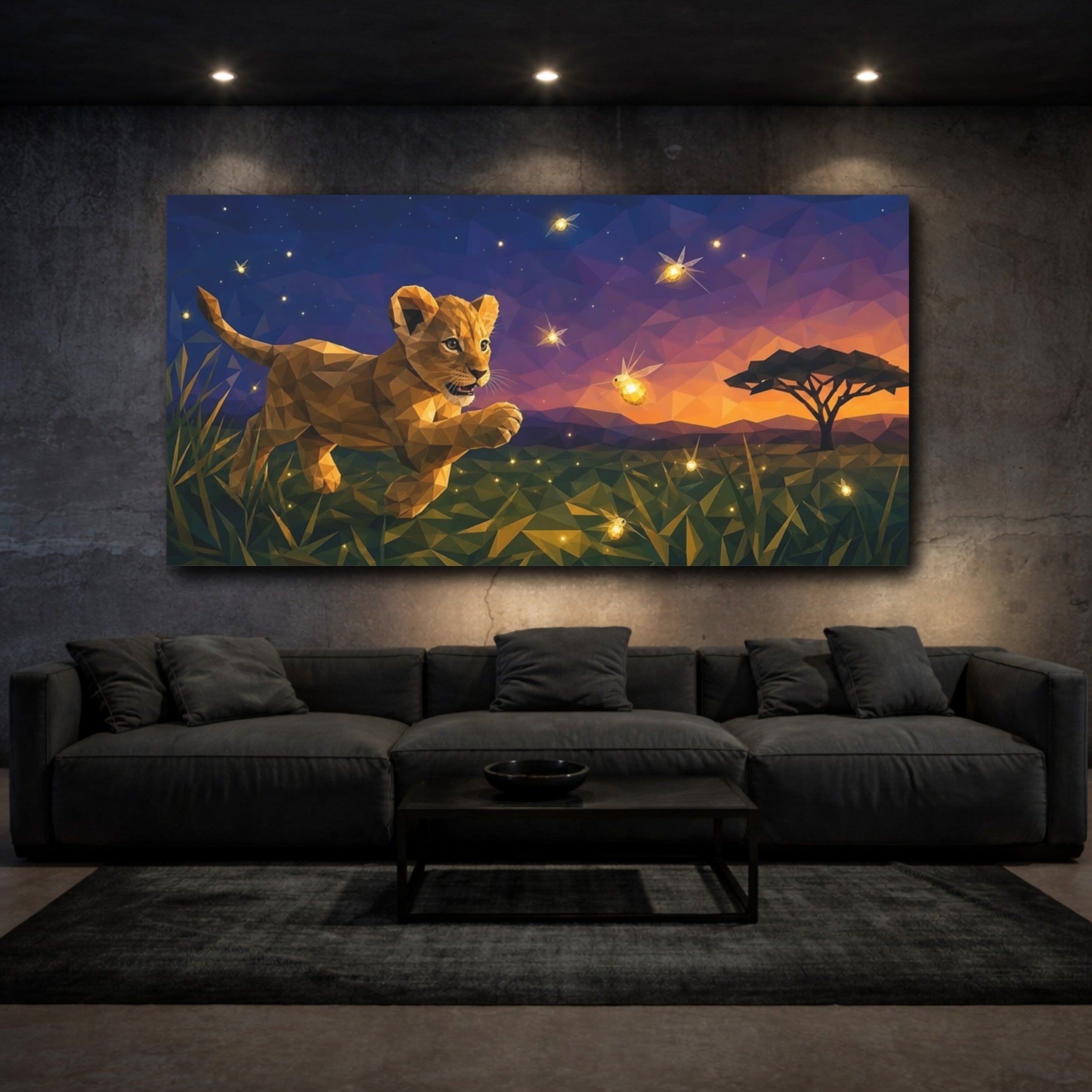 Mockup 3. Animals Lion Cub Polygonal Lion shown as stretched canvas wall art