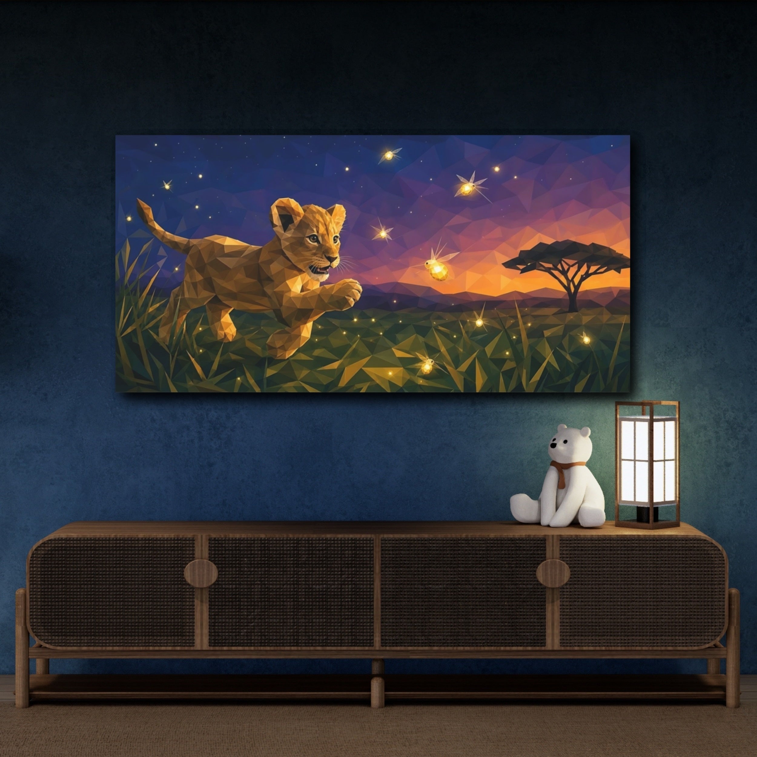Mockup 4. Animals Lion Cub Polygonal Lion shown as stretched canvas wall art