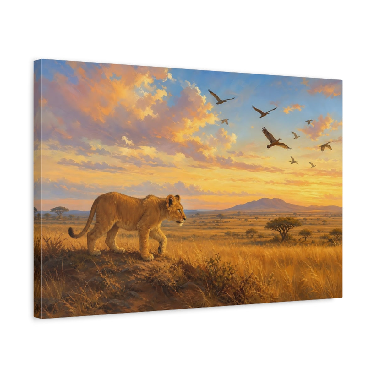 Side Mockup 3. Animals Lion Cub Sunset Savanna shown as stretched canvas wall art