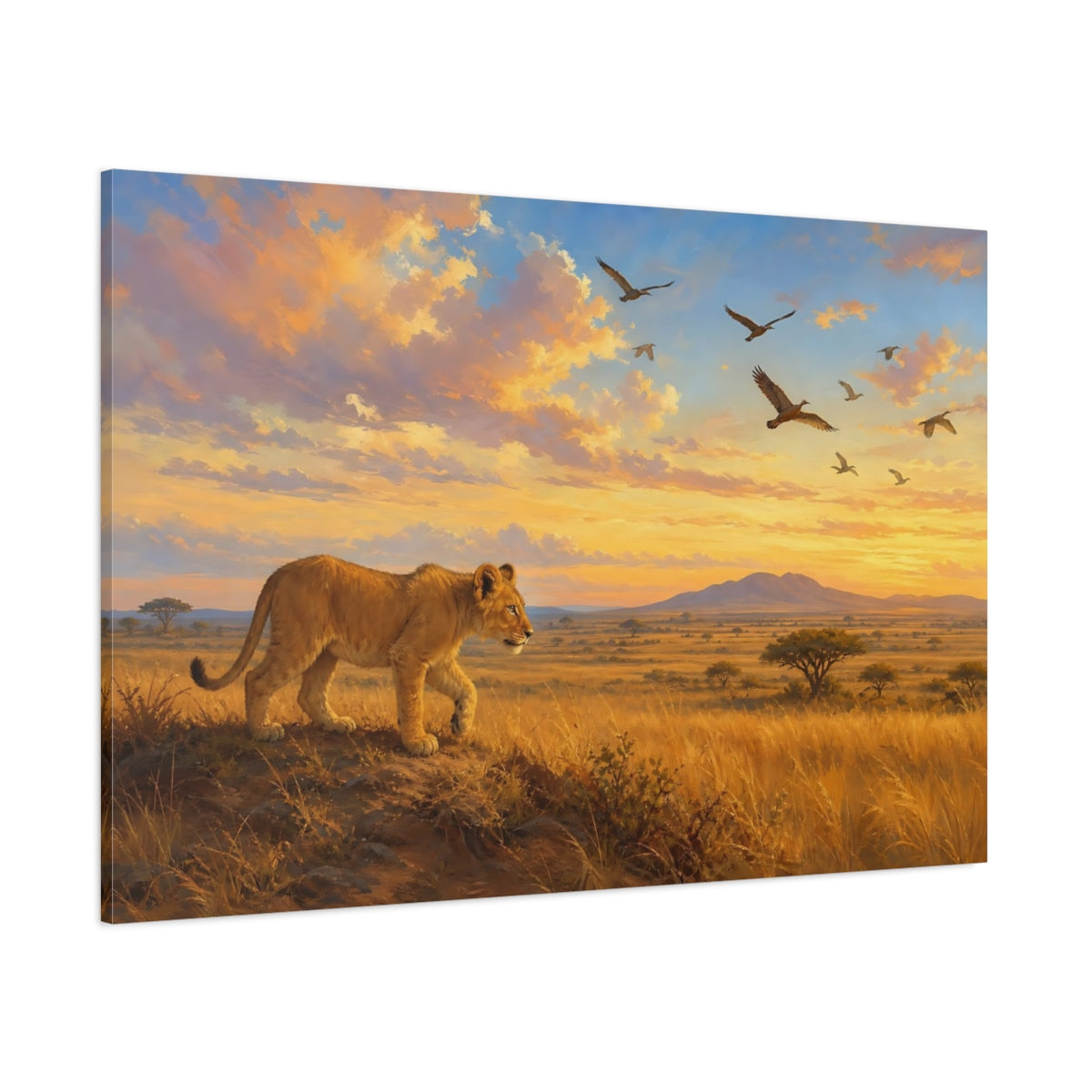 Side Mockup 1. Animals Lion Cub Sunset Savanna shown as stretched canvas wall art