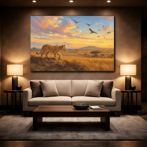 Mockup 2. Animals Lion Cub Sunset Savanna shown as stretched canvas wall art