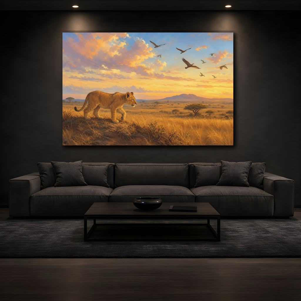 Mockup 3. Animals Lion Cub Sunset Savanna shown as stretched canvas wall art