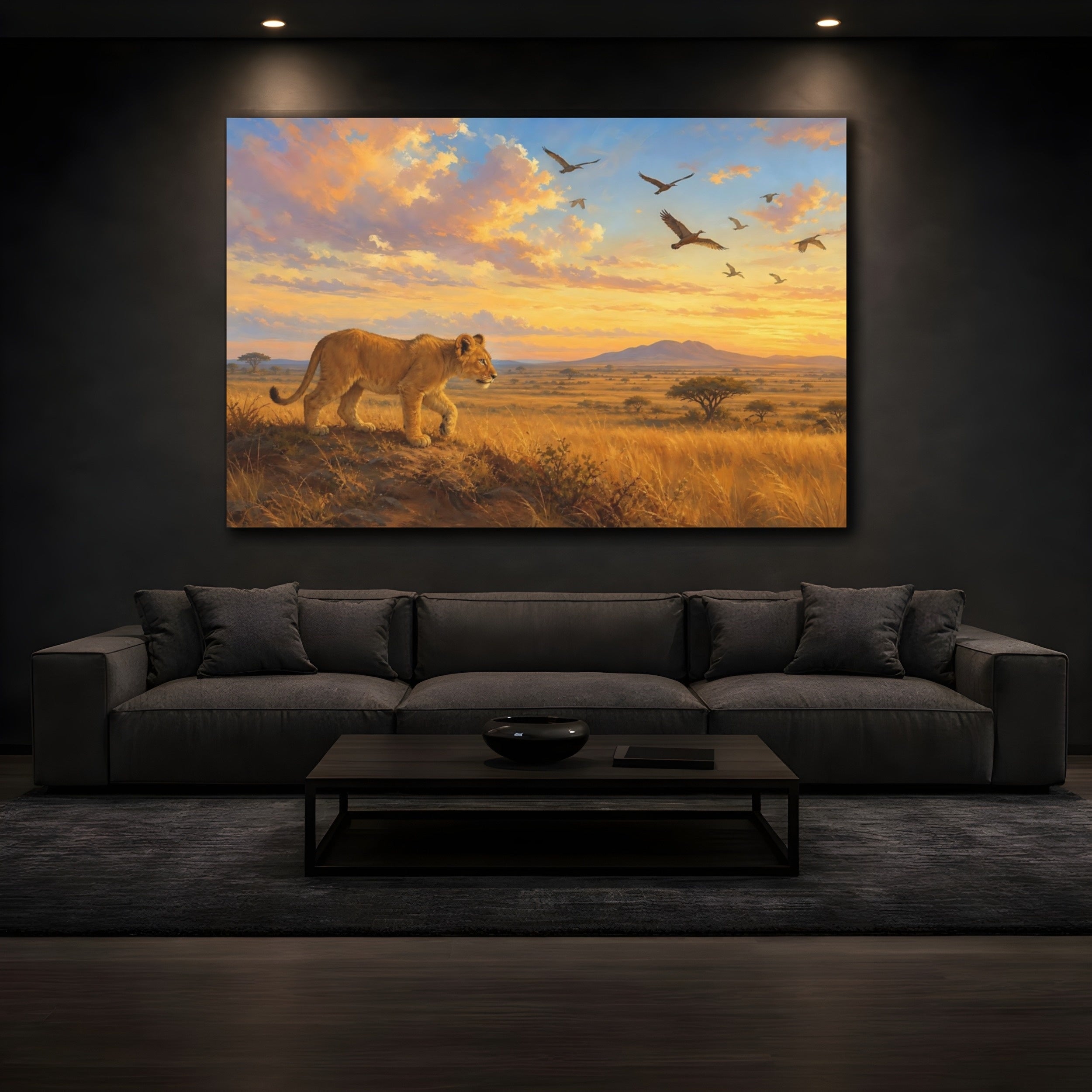 Mockup 3. Animals Lion Cub Sunset Savanna shown as stretched canvas wall art