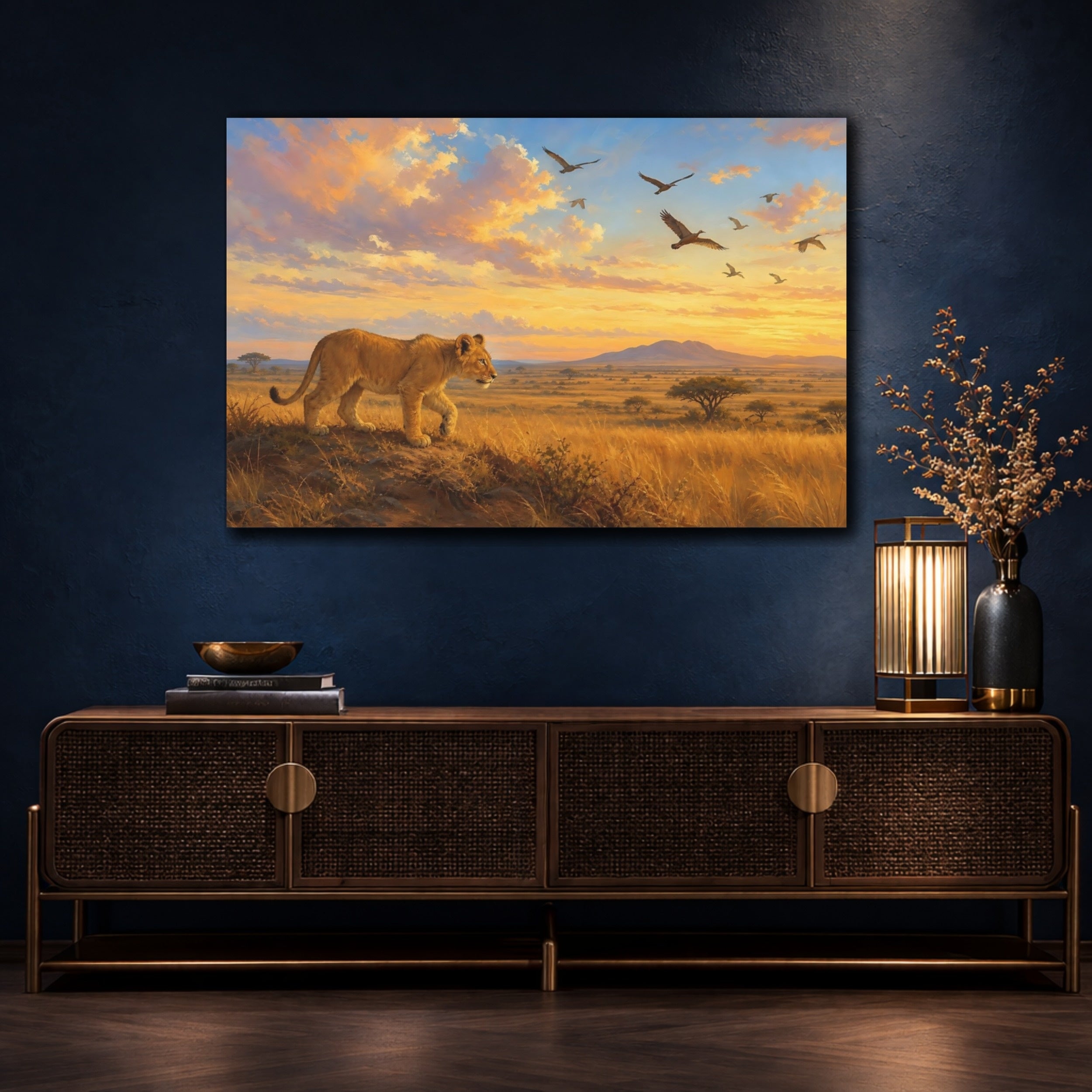 Mockup 4. Animals Lion Cub Sunset Savanna shown as stretched canvas wall art
