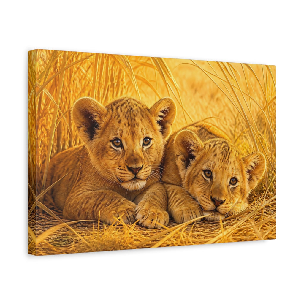 Side Mockup 4. Animals Lion Cubs Golden Lion Cubs shown as stretched canvas wall art