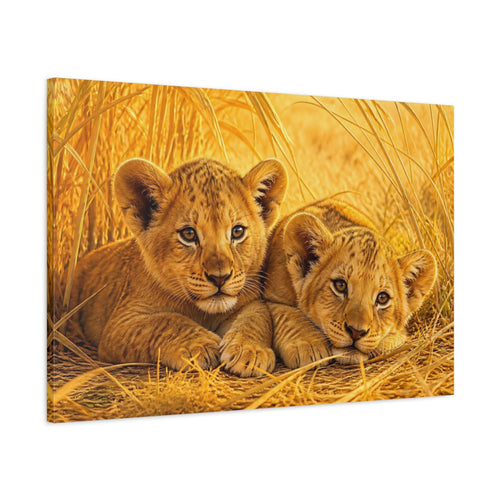 Main Mockup. Animals Lion Cubs Golden Lion Cubs shown as stretched canvas wall art