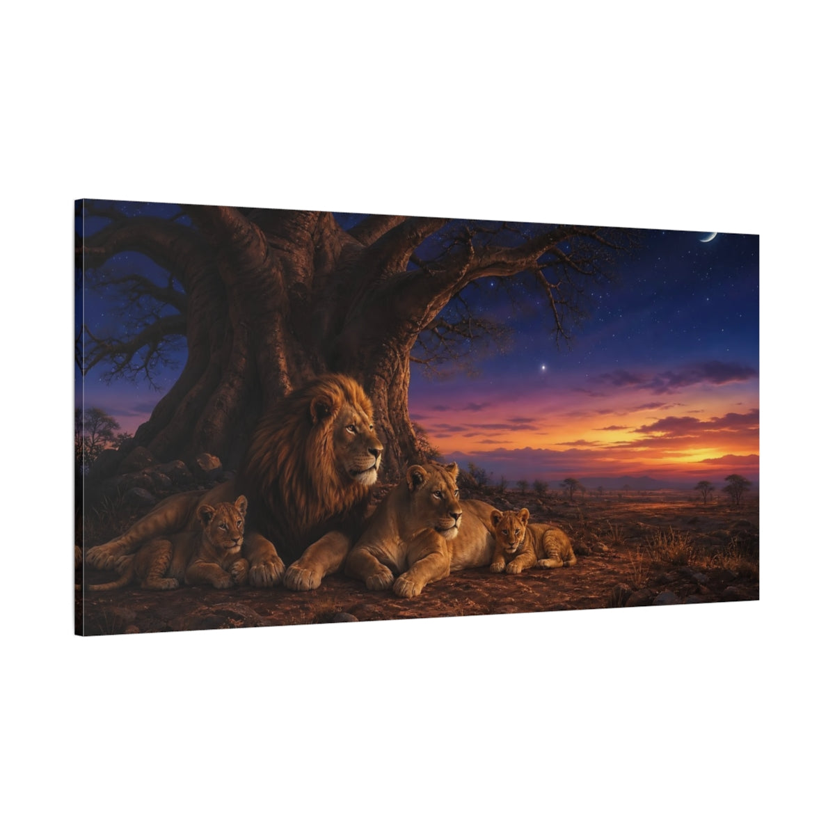 Side Mockup 2. Animals Lion Family Brown Blue Sunset shown as stretched canvas wall art