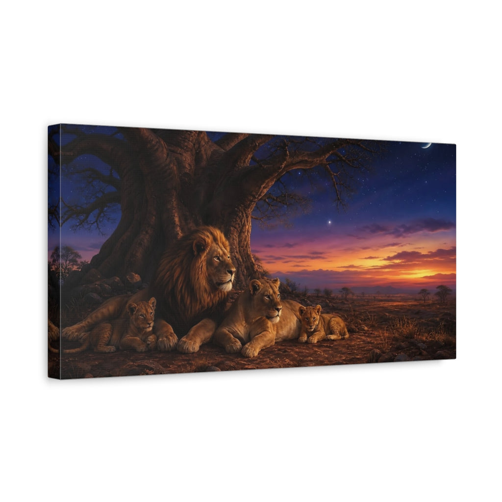 Side Mockup 3. Animals Lion Family Brown Blue Sunset shown as stretched canvas wall art