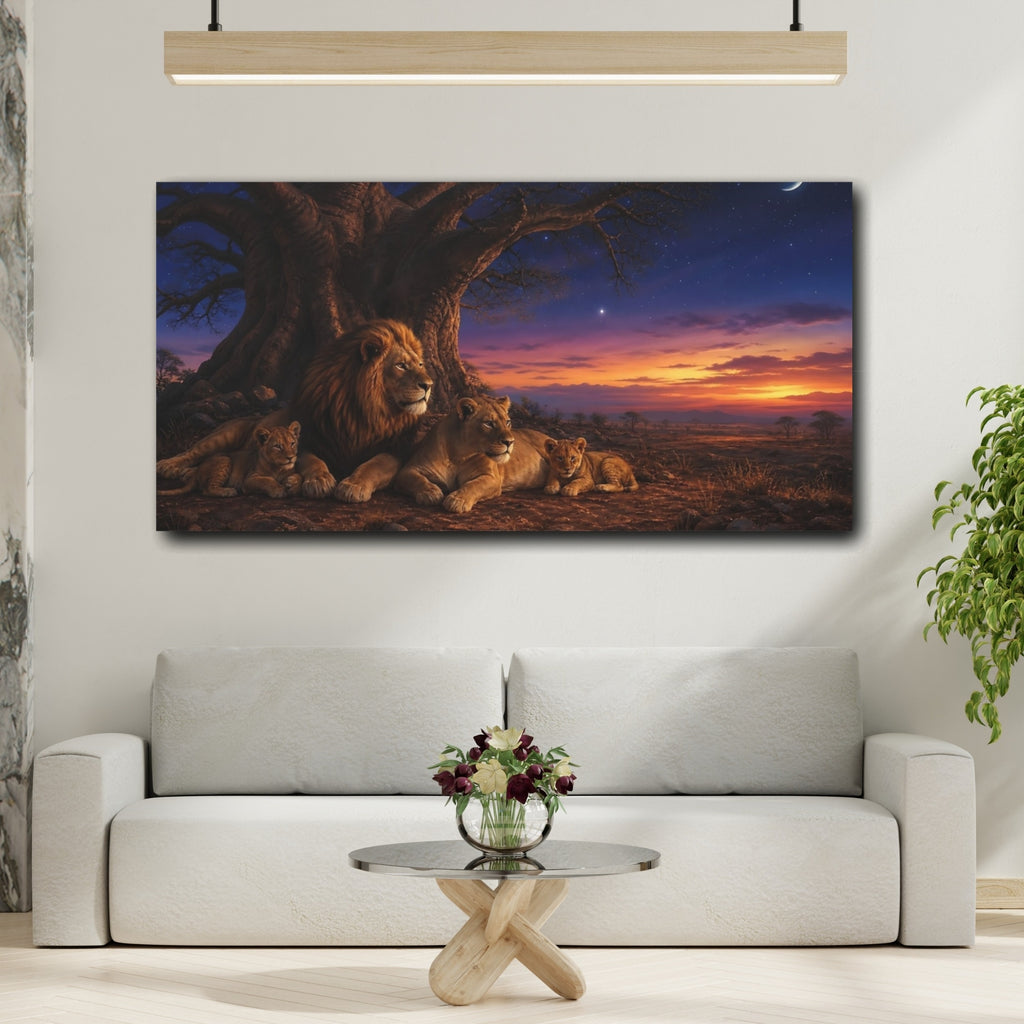 Mockup 2. Animals Lion Family Brown Blue Sunset shown as stretched canvas wall art