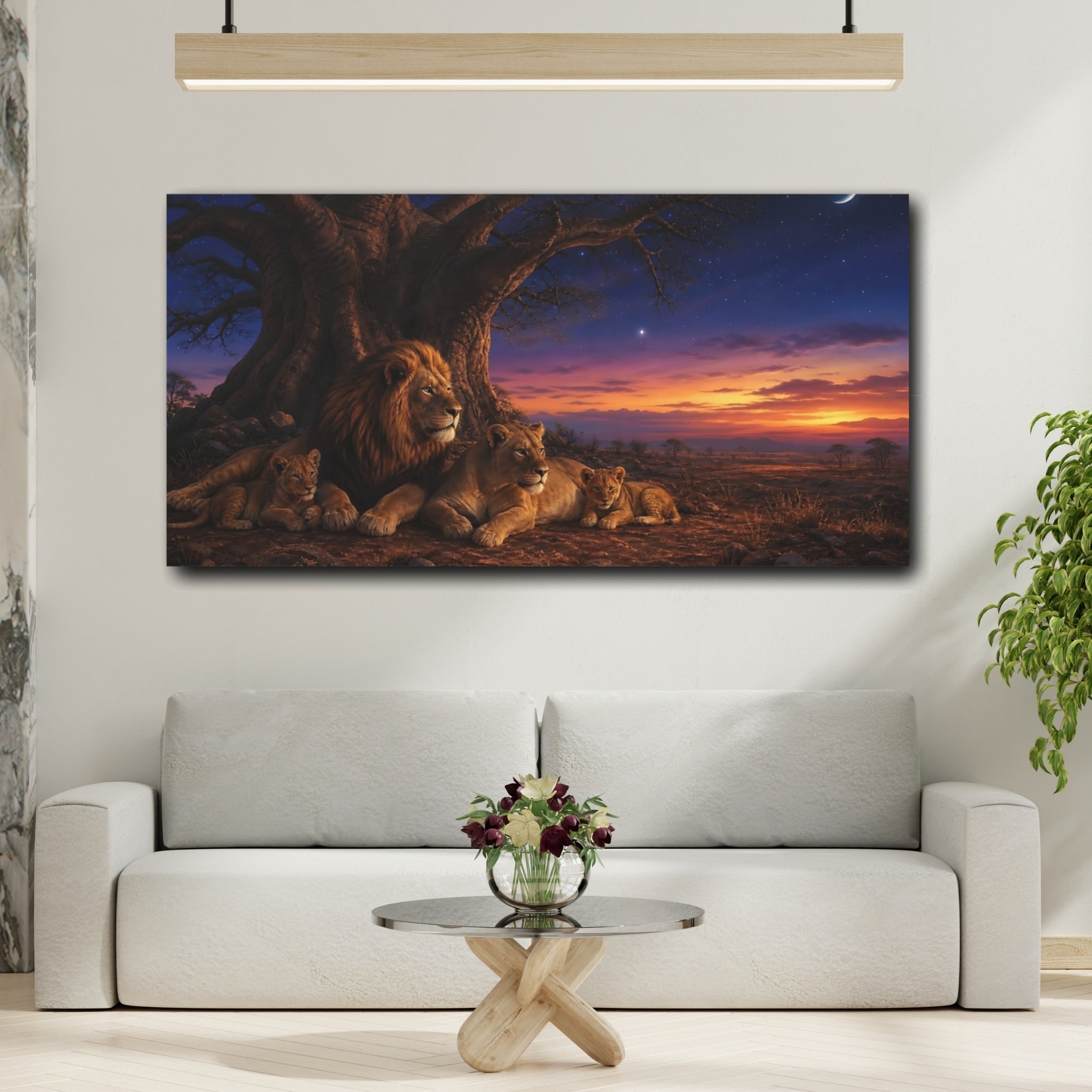 Mockup 2. Animals Lion Family Brown Blue Sunset shown as stretched canvas wall art