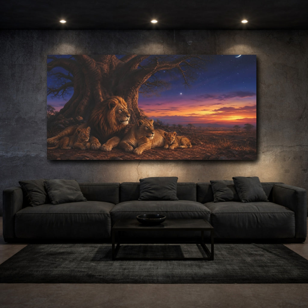Mockup 3. Animals Lion Family Brown Blue Sunset shown as stretched canvas wall art