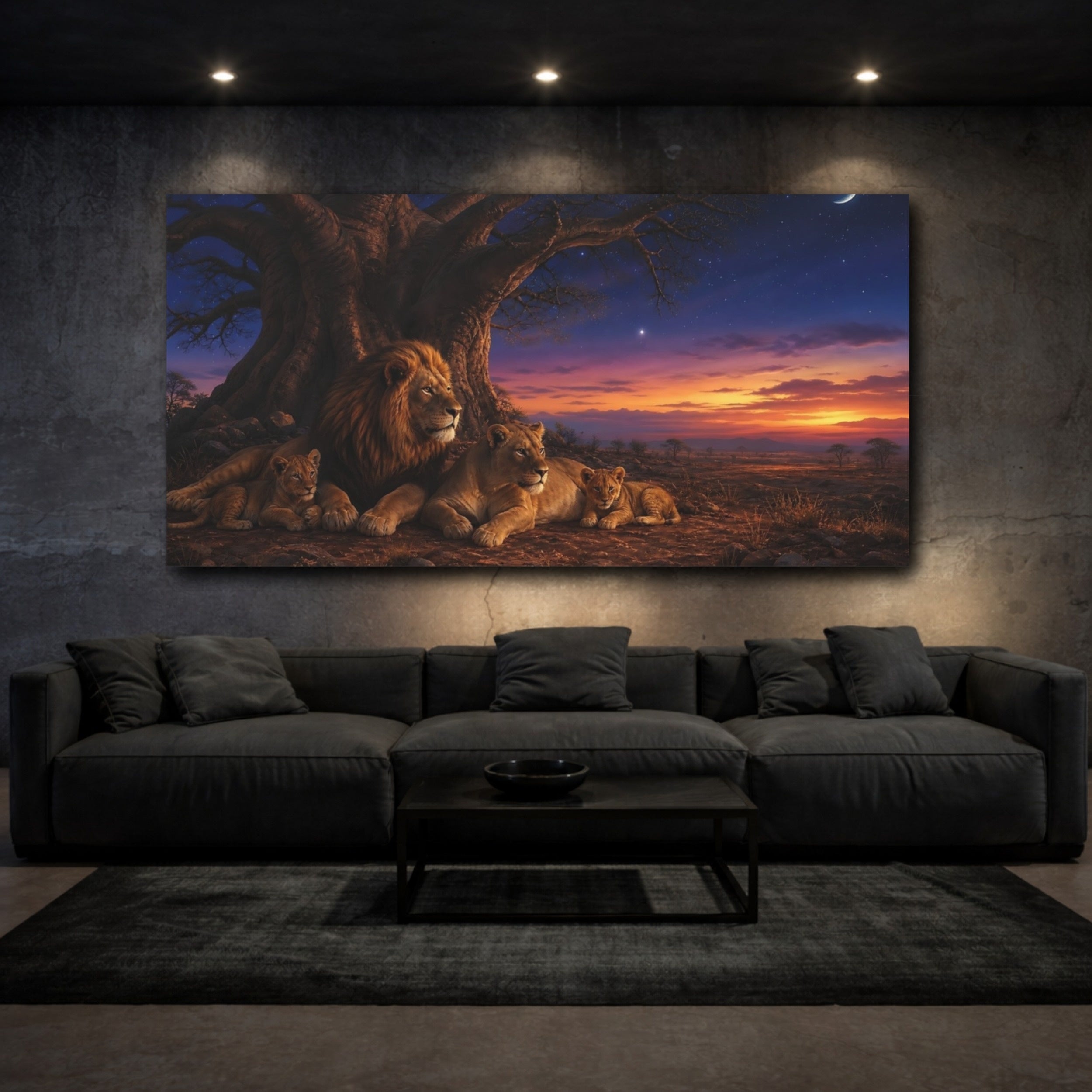 Mockup 3. Animals Lion Family Brown Blue Sunset shown as stretched canvas wall art
