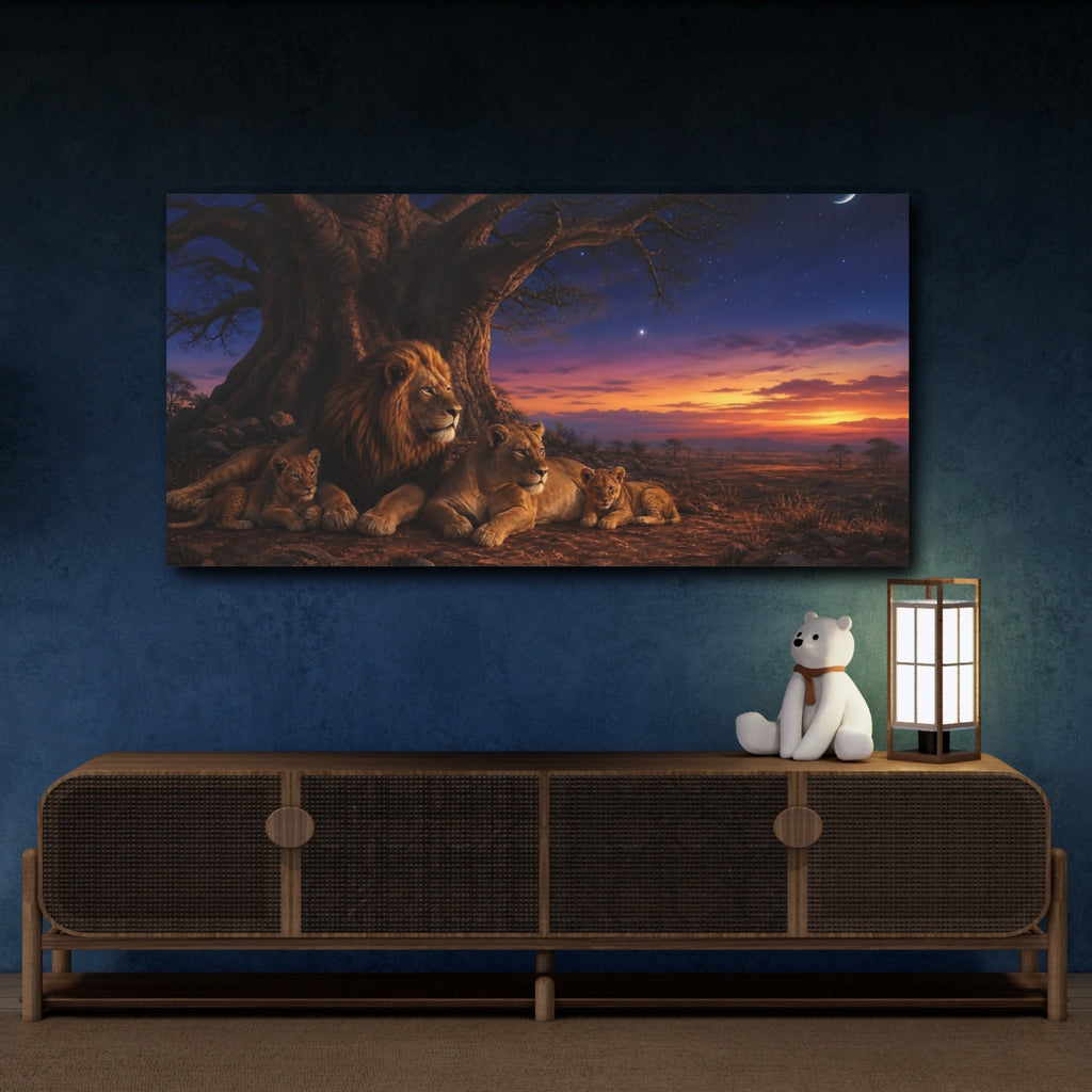 Mockup 4. Animals Lion Family Brown Blue Sunset shown as stretched canvas wall art