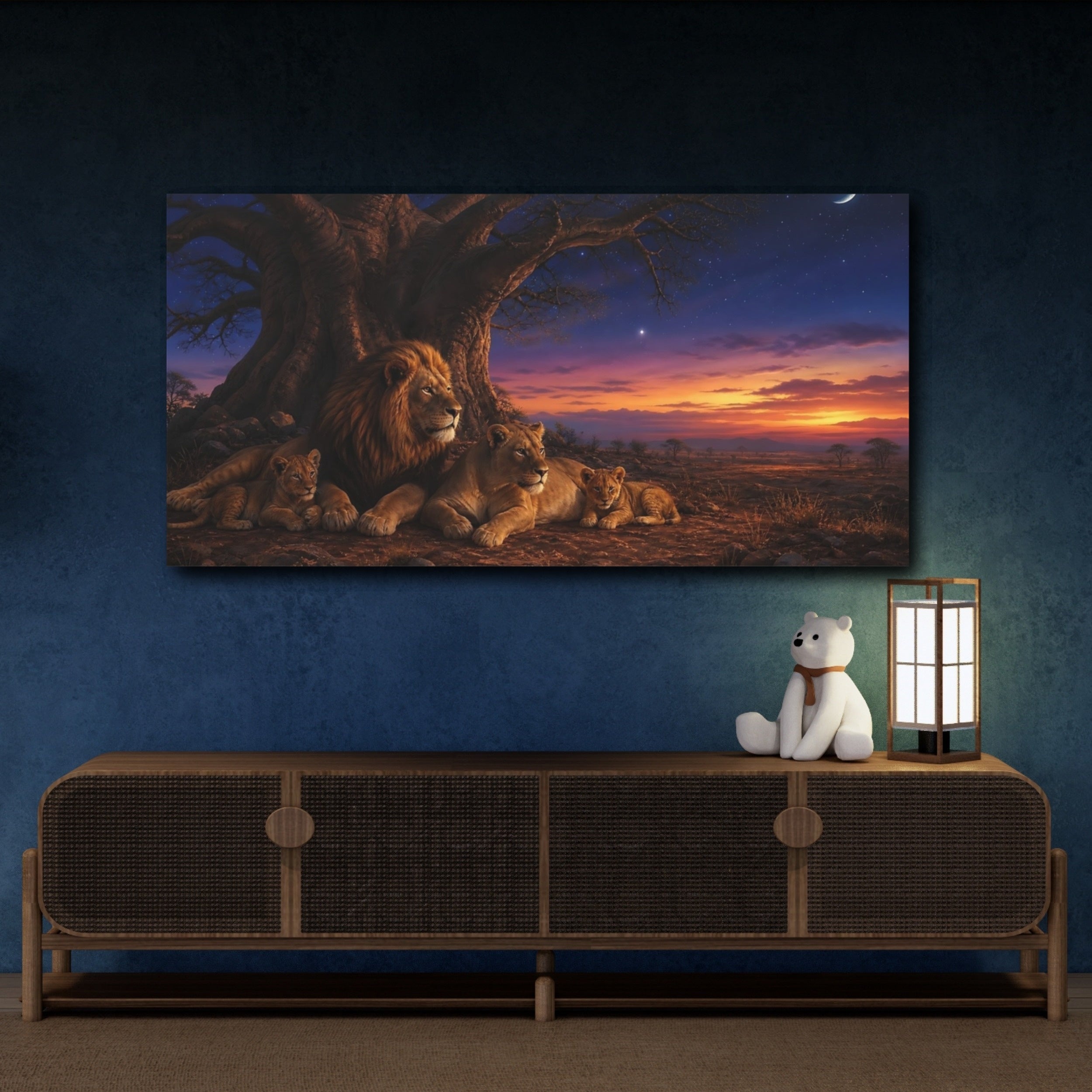 Mockup 4. Animals Lion Family Brown Blue Sunset shown as stretched canvas wall art