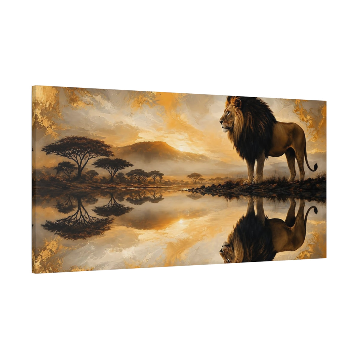 Side Mockup 2. Animals Lion Golden Lion shown as stretched canvas wall art