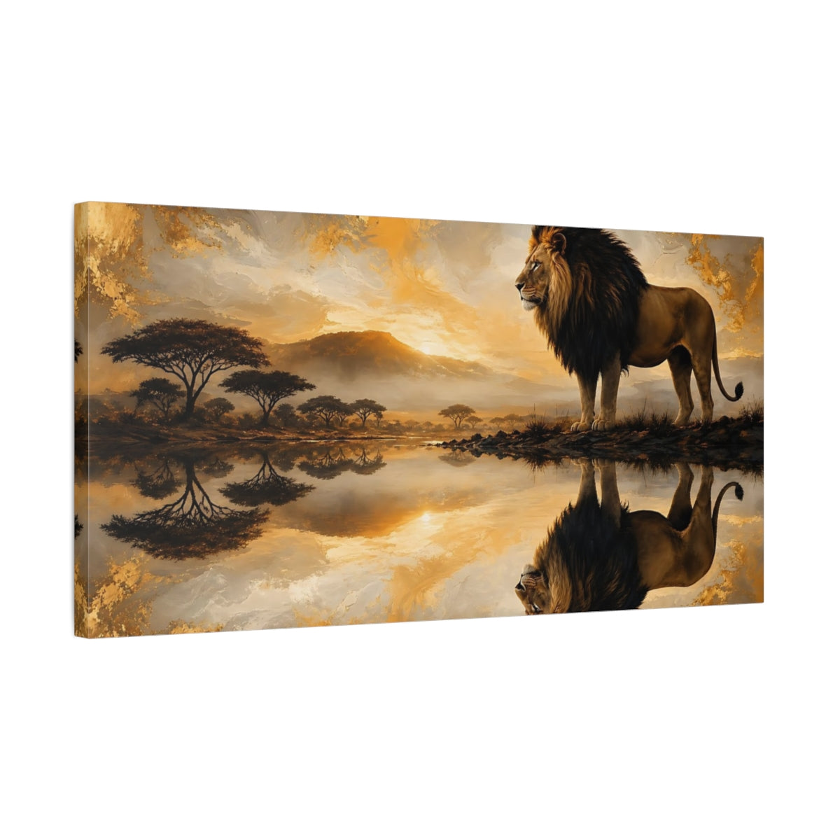 Side Mockup 1. Animals Lion Golden Lion shown as stretched canvas wall art