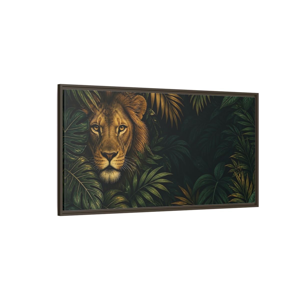 Side Mockup 4. Animals Lion Green And Gold Lion shown as stretched canvas wall art