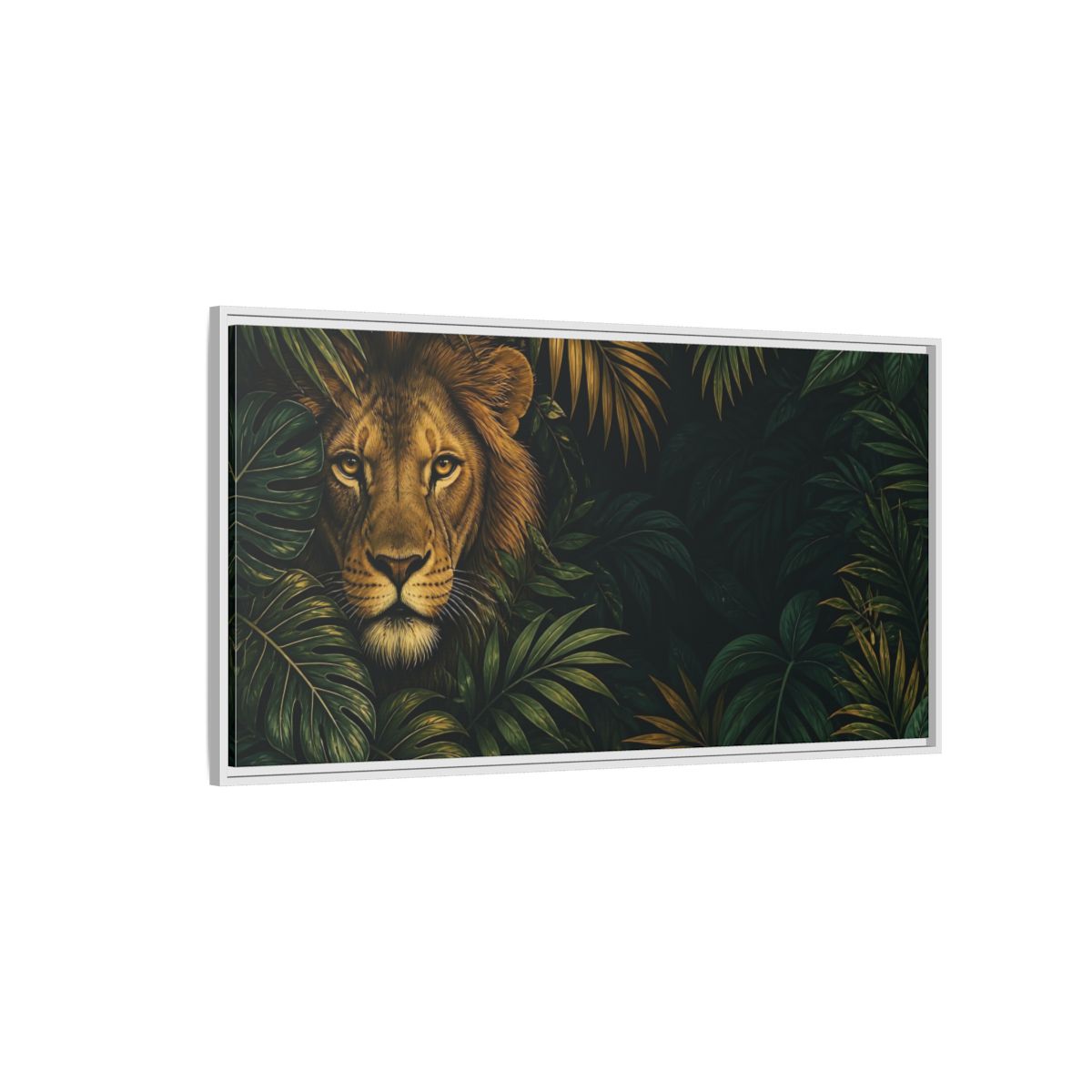 Side Mockup 3. Animals Lion Green And Gold Lion shown as stretched canvas wall art