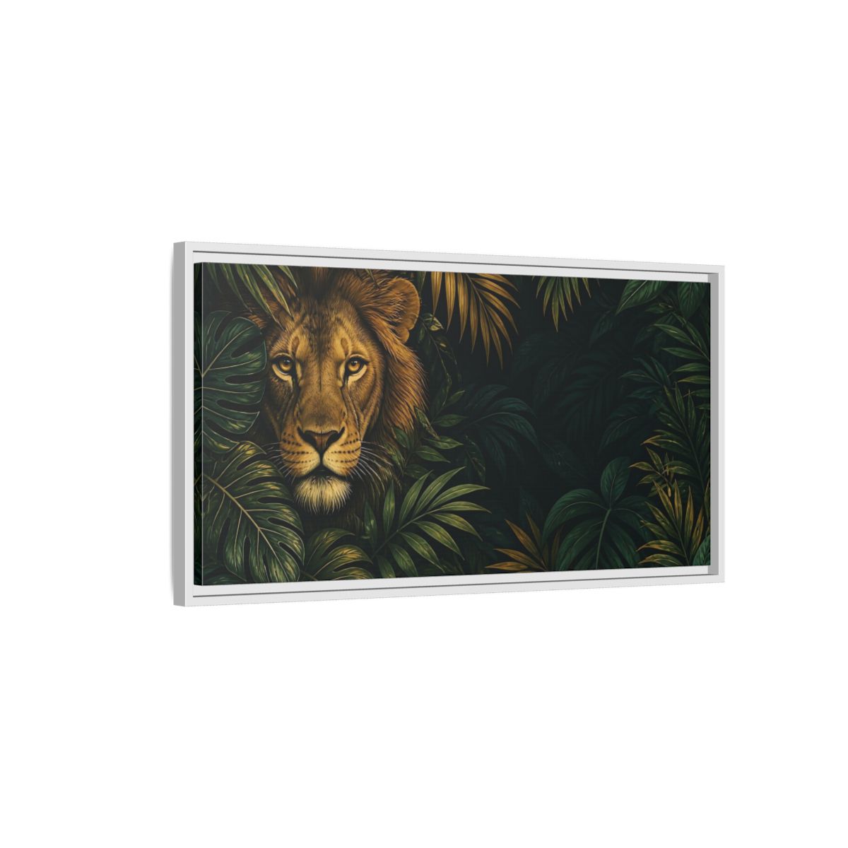 Side Mockup 1. Animals Lion Green And Gold Lion shown as stretched canvas wall art