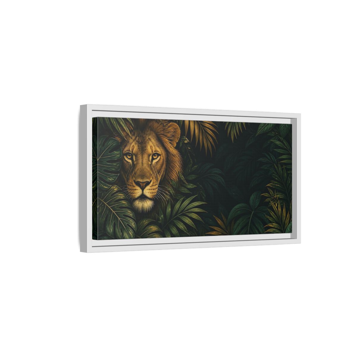 Side Mockup 6. Animals Lion Green And Gold Lion shown as stretched canvas wall art