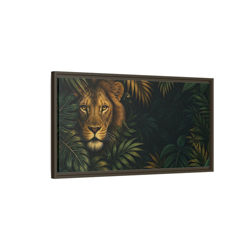 Main Mockup. Animals Lion Green And Gold Lion shown as stretched canvas wall art