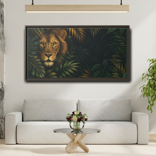 Mockup 2. Animals Lion Green And Gold Lion shown as stretched canvas wall art
