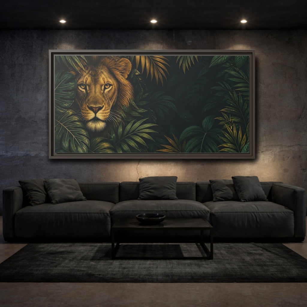 Mockup 3. Animals Lion Green And Gold Lion shown as stretched canvas wall art