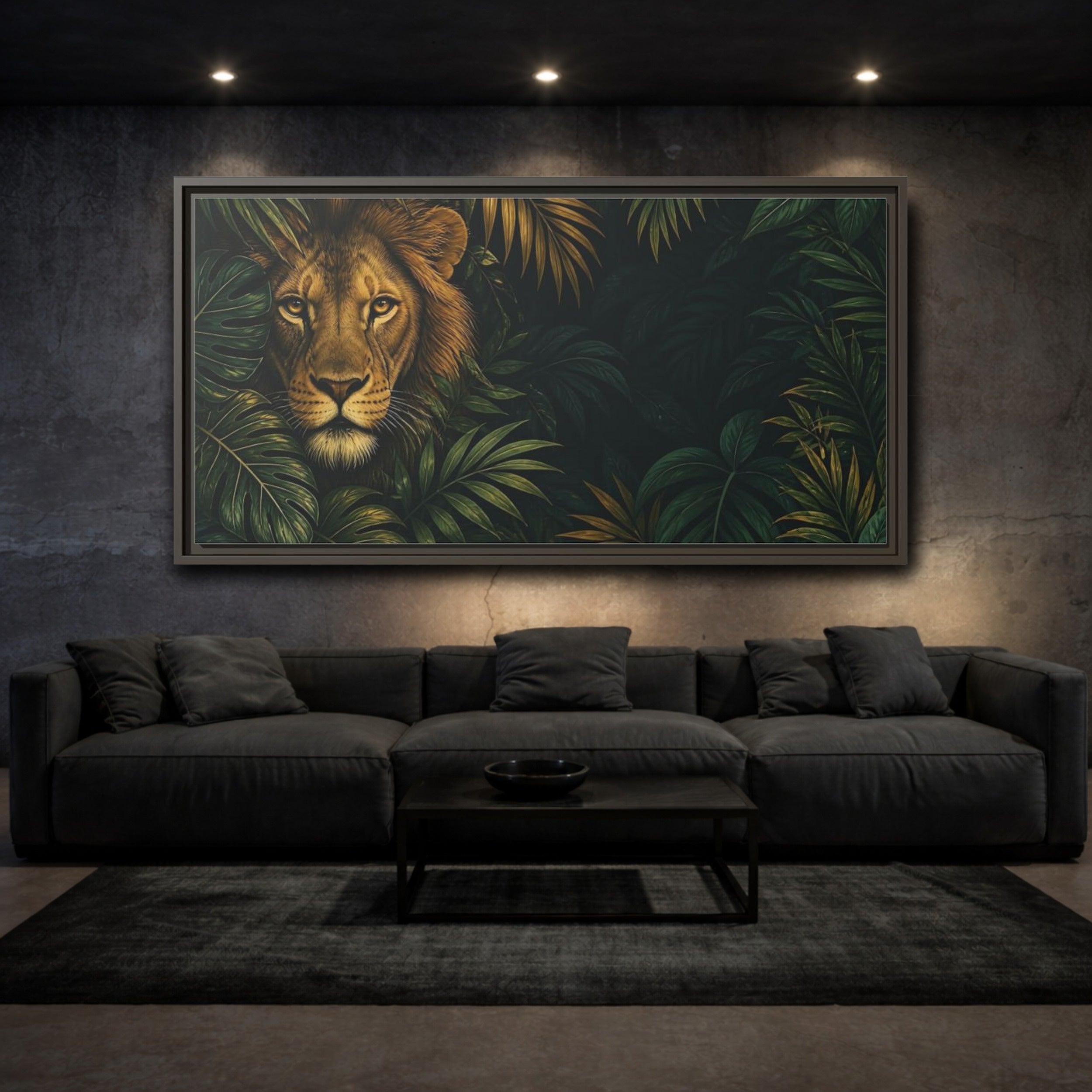 Mockup 3. Animals Lion Green And Gold Lion shown as stretched canvas wall art