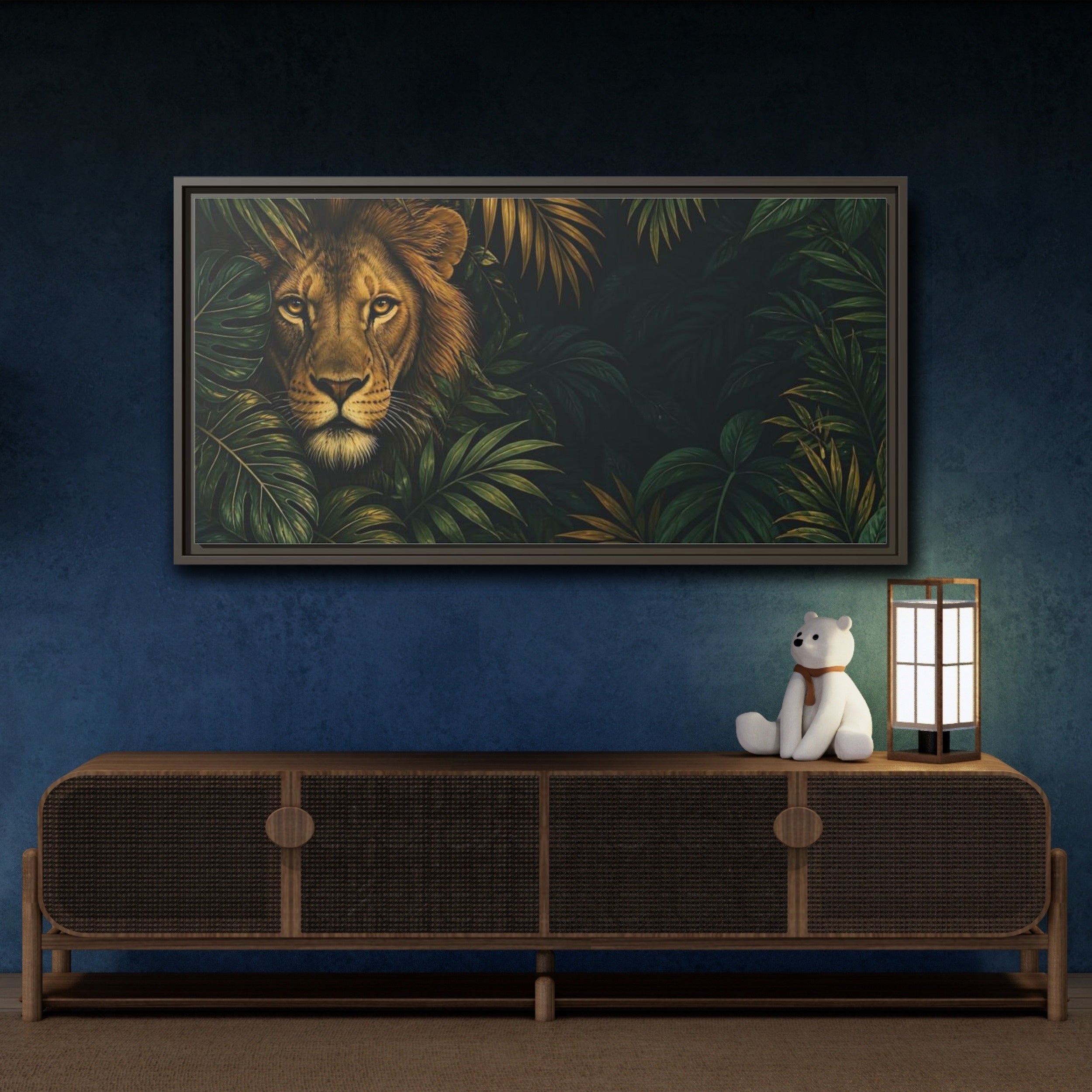 Mockup 4. Animals Lion Green And Gold Lion shown as stretched canvas wall art