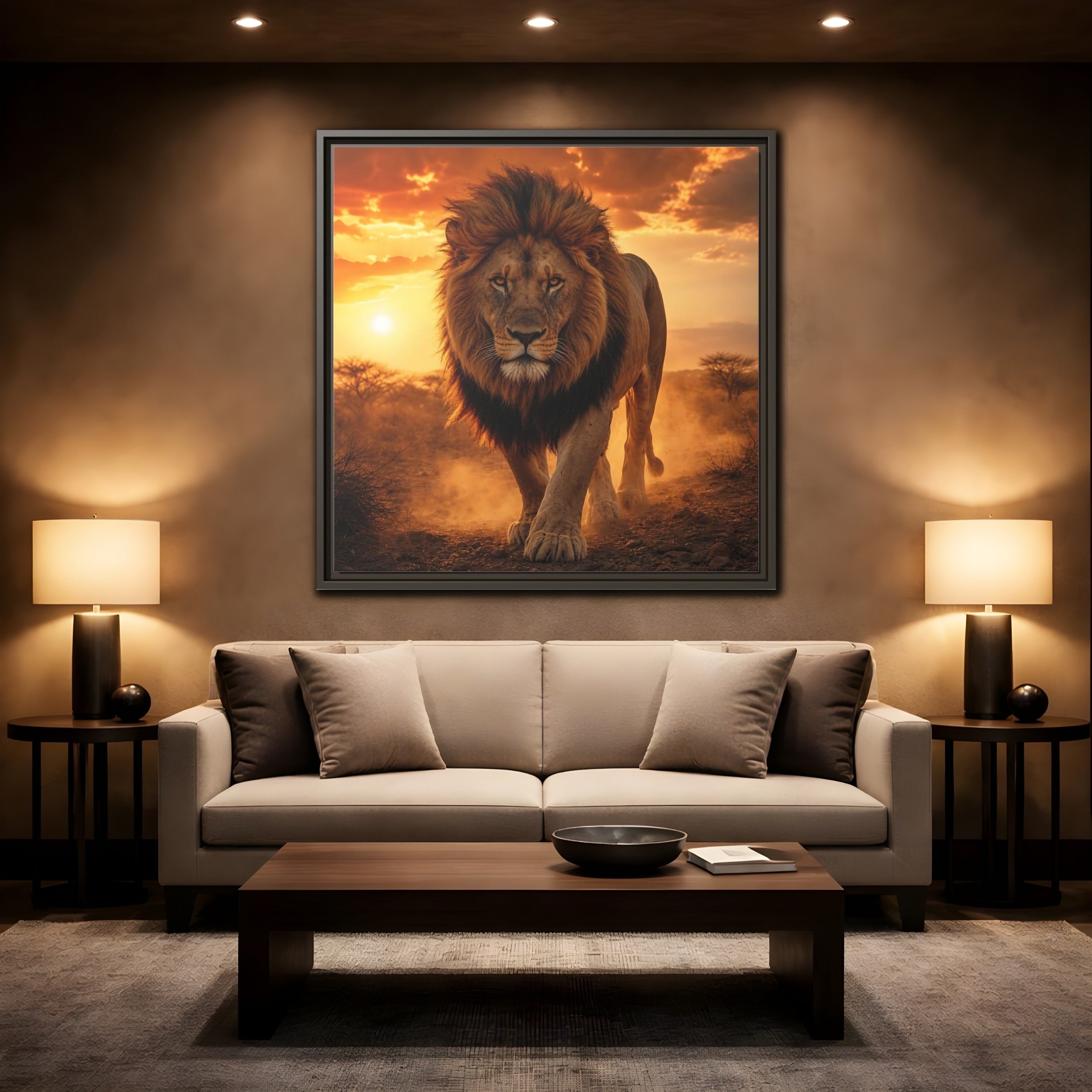 Mockup 2. Animals Lion Lion Sunset shown as stretched canvas wall art