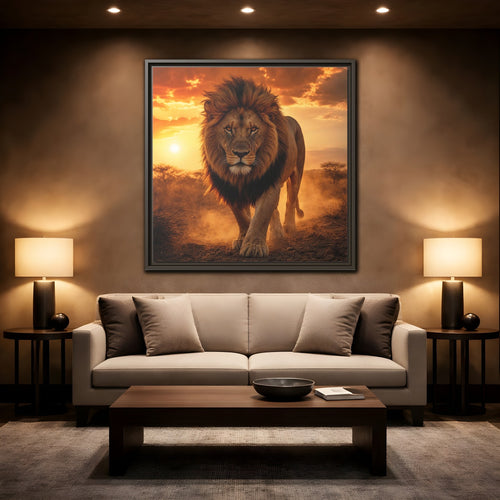 Mockup 2. Animals Lion Lion Sunset shown as stretched canvas wall art