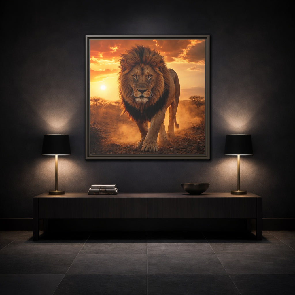 Mockup 3. Animals Lion Lion Sunset shown as stretched canvas wall art