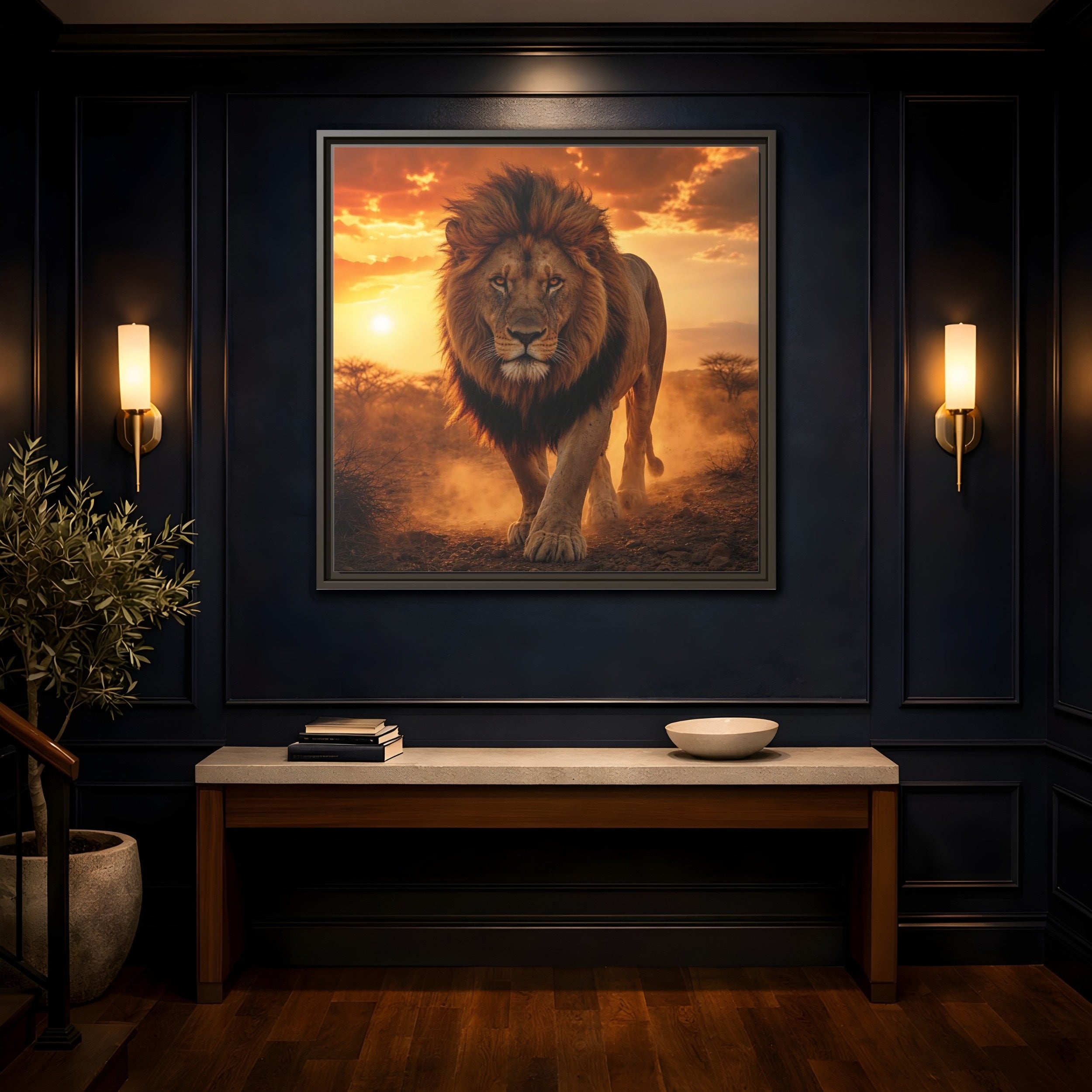 Mockup 4. Animals Lion Lion Sunset shown as stretched canvas wall art