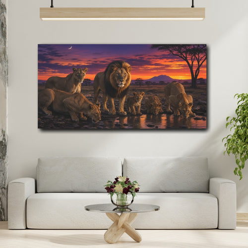 Mockup 2. Animals Lion Pride African Sunset Lions shown as stretched canvas wall art