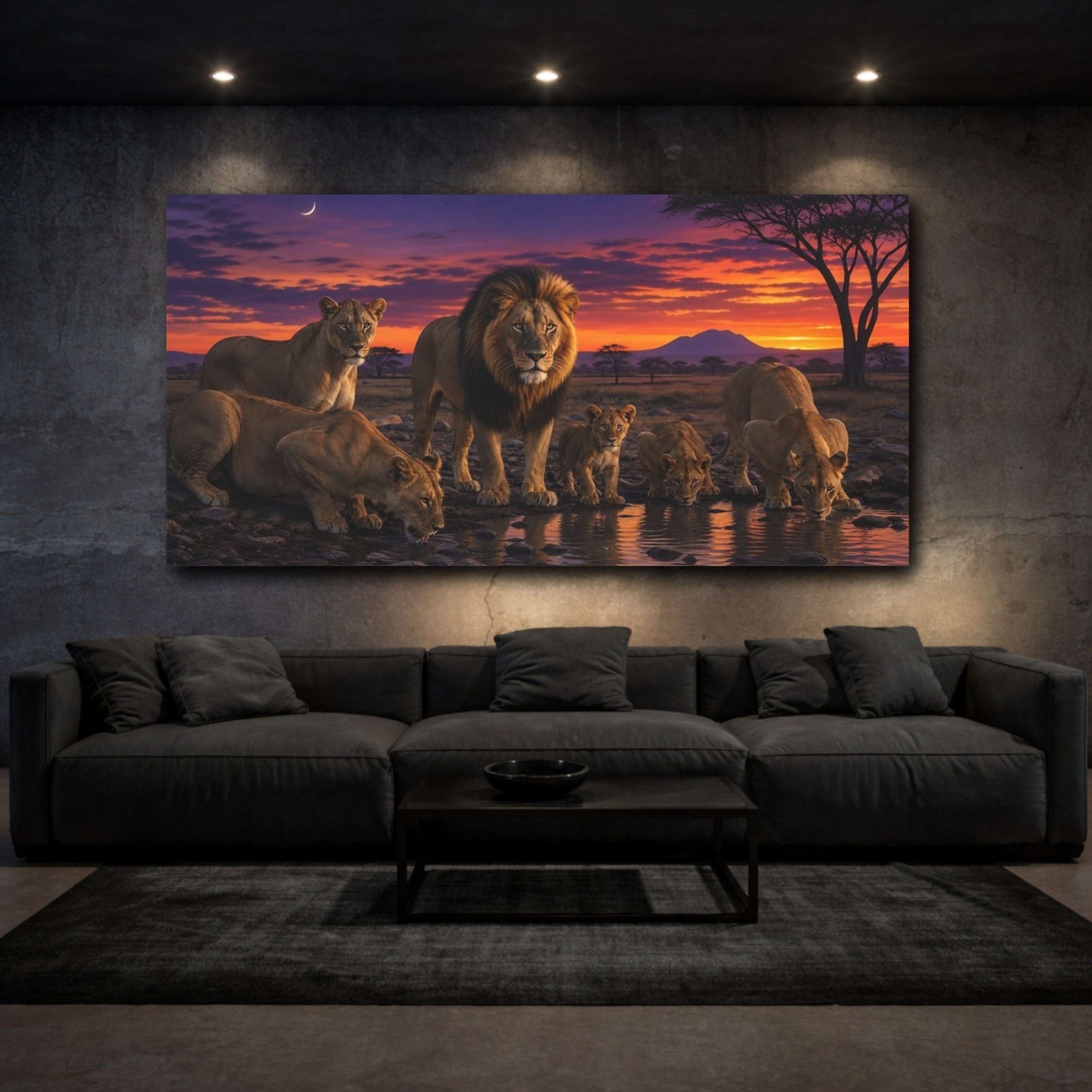 Mockup 3. Animals Lion Pride African Sunset Lions shown as stretched canvas wall art
