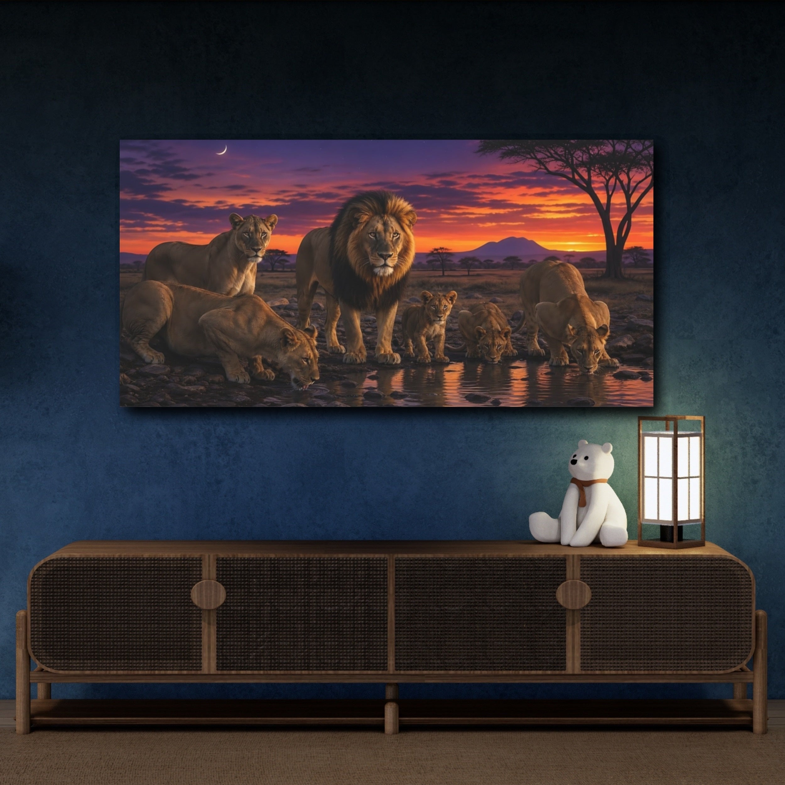 Mockup 4. Animals Lion Pride African Sunset Lions shown as stretched canvas wall art