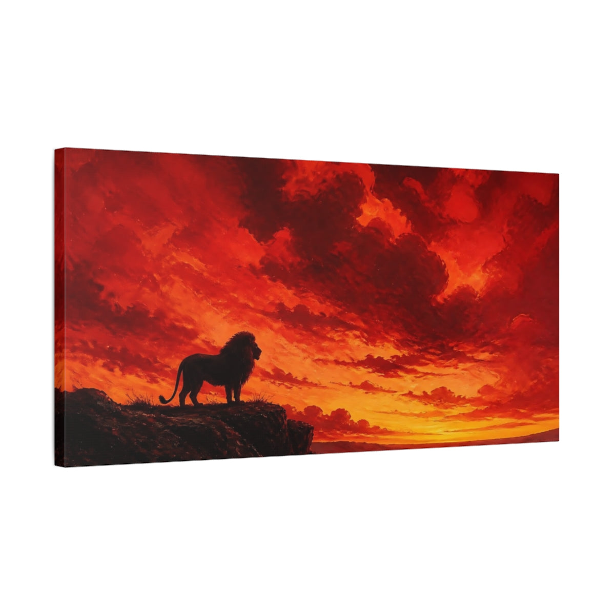 Side Mockup 1. Animals Lion Red And Black shown as stretched canvas wall art