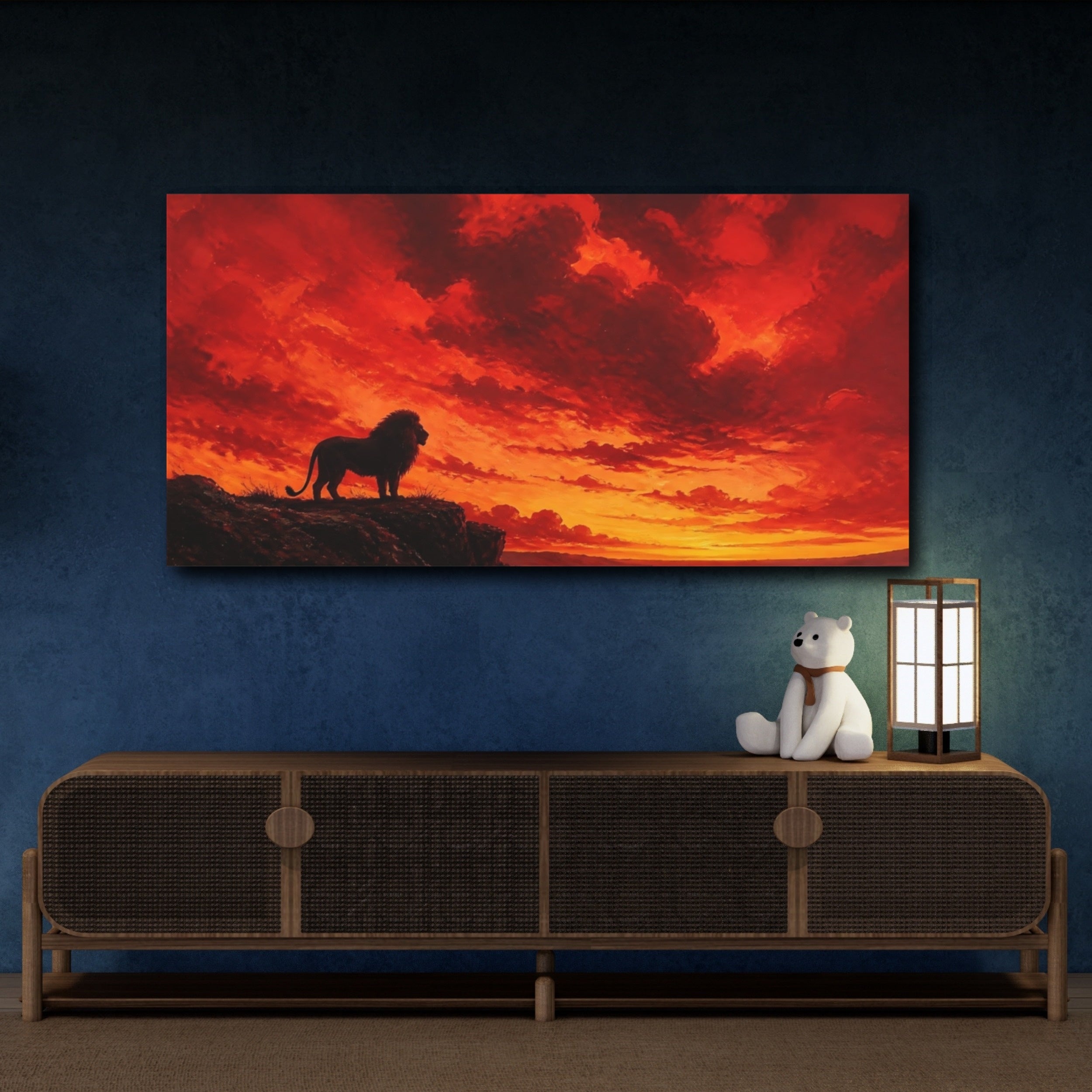 Mockup 4. Animals Lion Red And Black shown as stretched canvas wall art