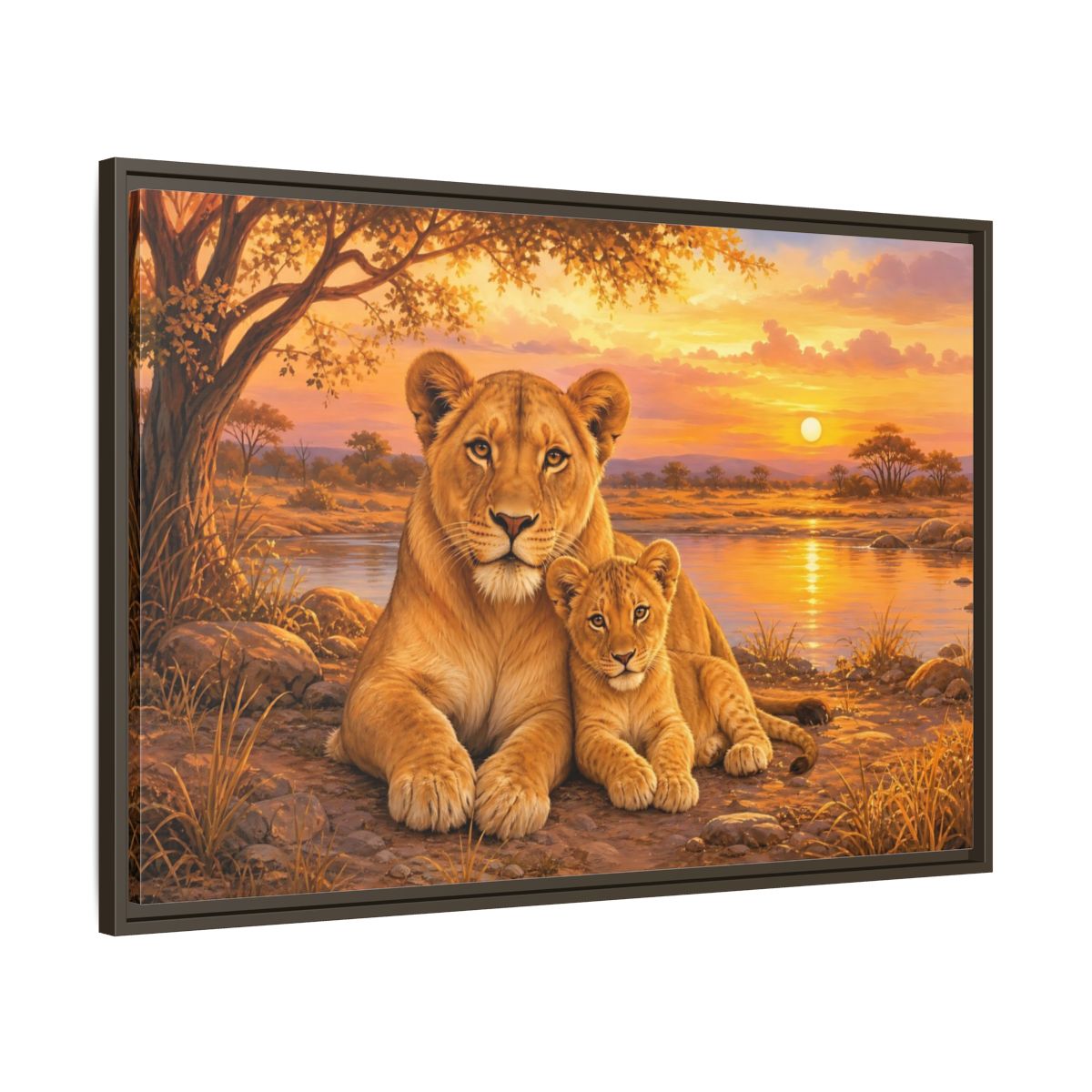 Main Mockup. Animals Lioness And Cub Orange Sunset shown as stretched canvas wall art