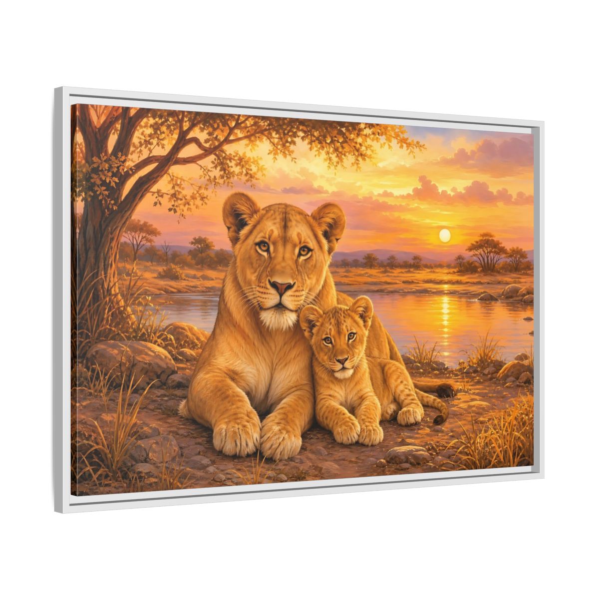 Side Mockup 9. Animals Lioness And Cub Orange Sunset shown as stretched canvas wall art