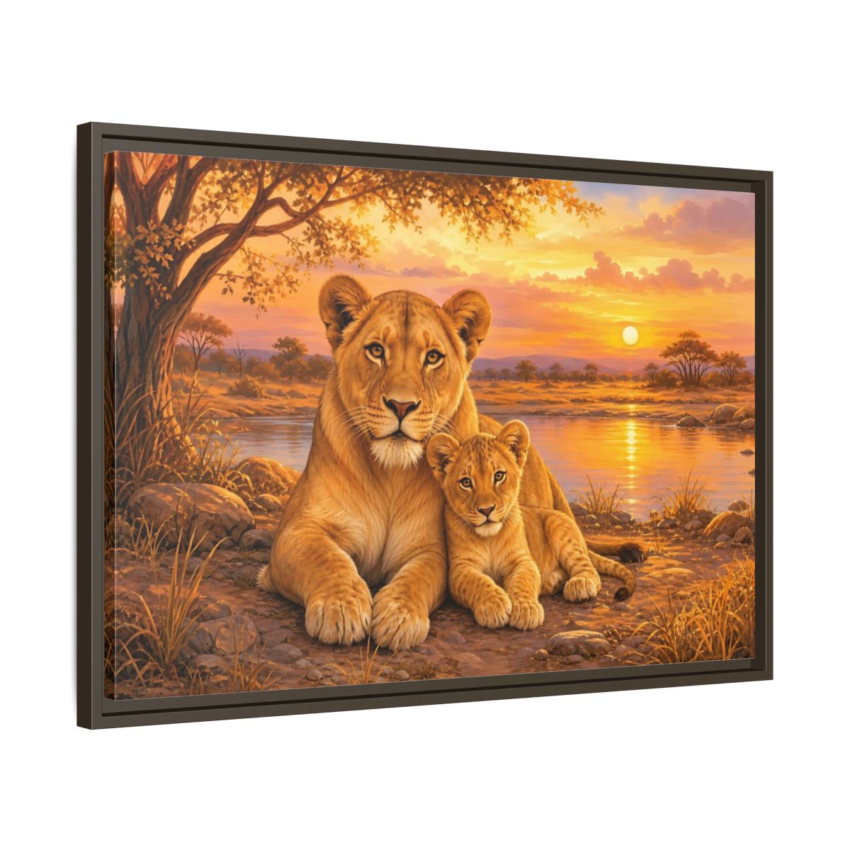 Side Mockup 11. Animals Lioness And Cub Orange Sunset shown as stretched canvas wall art